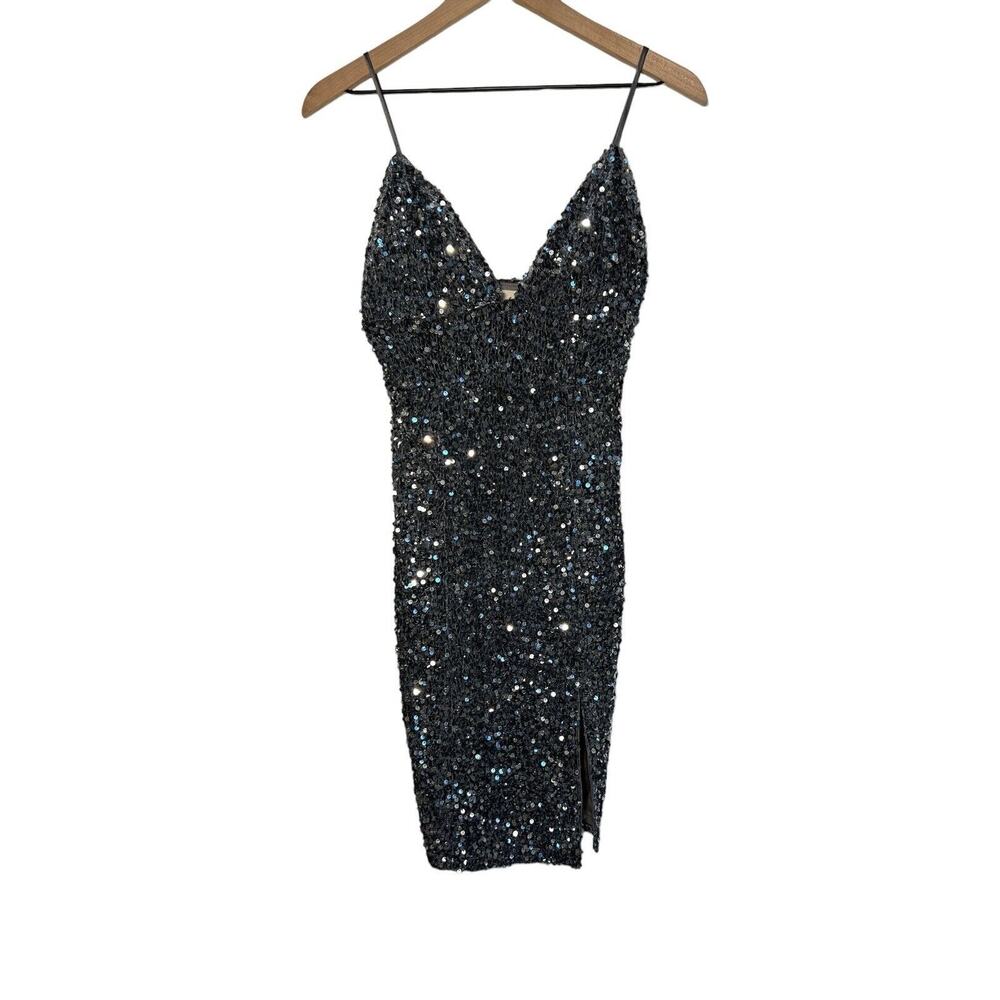 Lena Women’s Small Sleeveless V-Neck Sequins Lined Sexy Bodycon Mini Dress Grey